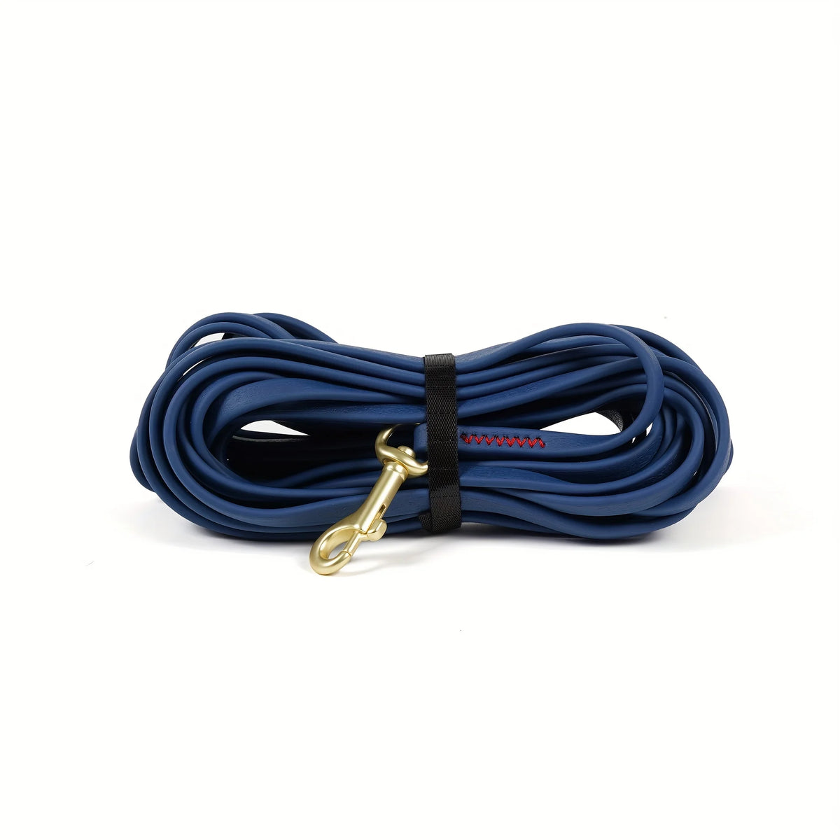 A coiled navy blue heavy-duty waterproof dog leash with a gold-colored clip and black strap.