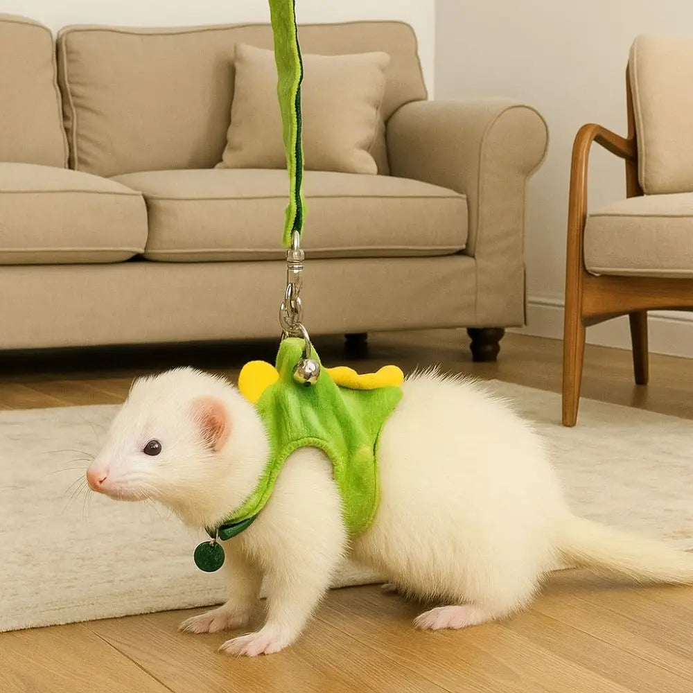 A white cartoon animal vest harness for pet training is lying on a wooden floor.