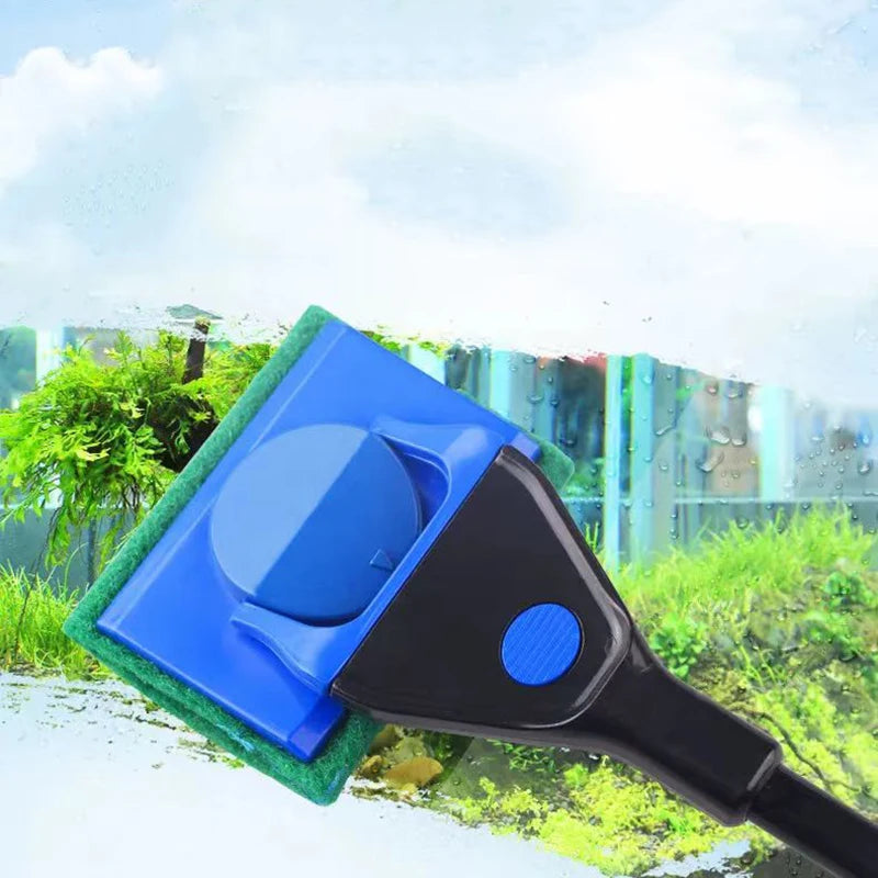 A blue and black 5-in-1 aquarium cleaning tool set is shown being used to clean a window or surface.