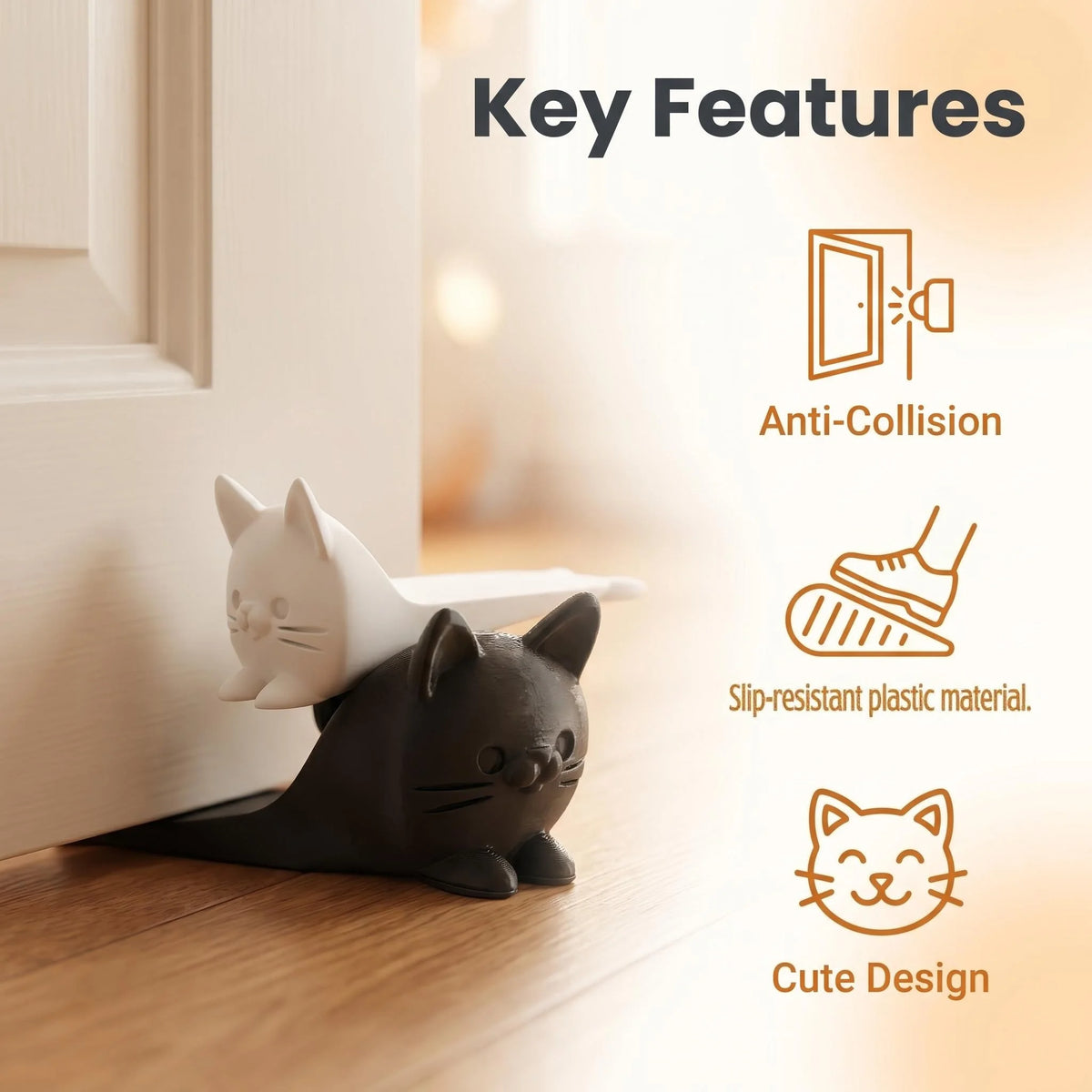 A dark gray cat-shaped door stopper wedge with features like anti-collision and a cute design.