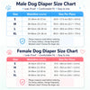 Size charts for male and female dog diapers showing waistline measurements and corresponding sizes per piece