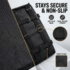 Black foldable dog car seat with anti-slip base and dual secure straps shown in detail.