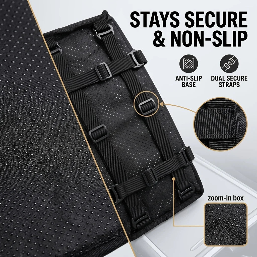 Black foldable dog car seat with anti-slip base and dual secure straps shown in detail.