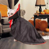 A fluffy white cat wearing a dark gray vampire cape with red trim sitting on a chair.