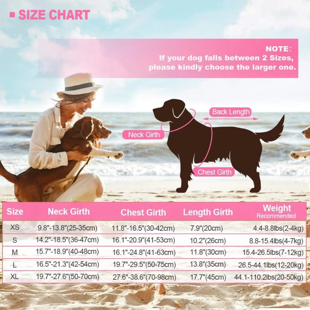 Größenübersicht mit Maßen für Meerjungfrauen-Schwimmwesten für Hunde in den Größen XS bis XL.