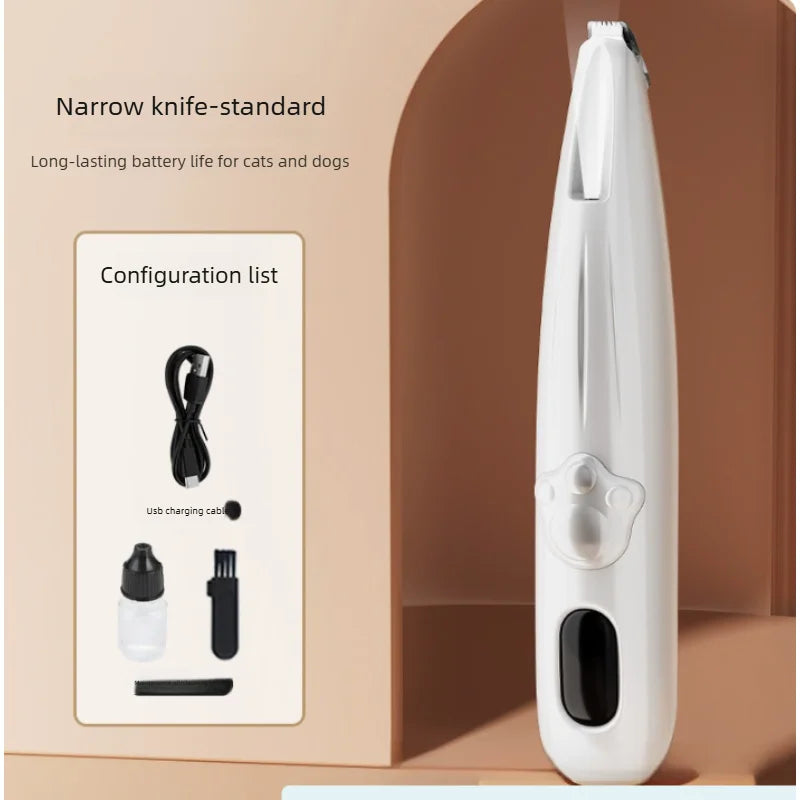 A white pet nail grinder with an LED display and USB charging cable shown next to its configuration list.