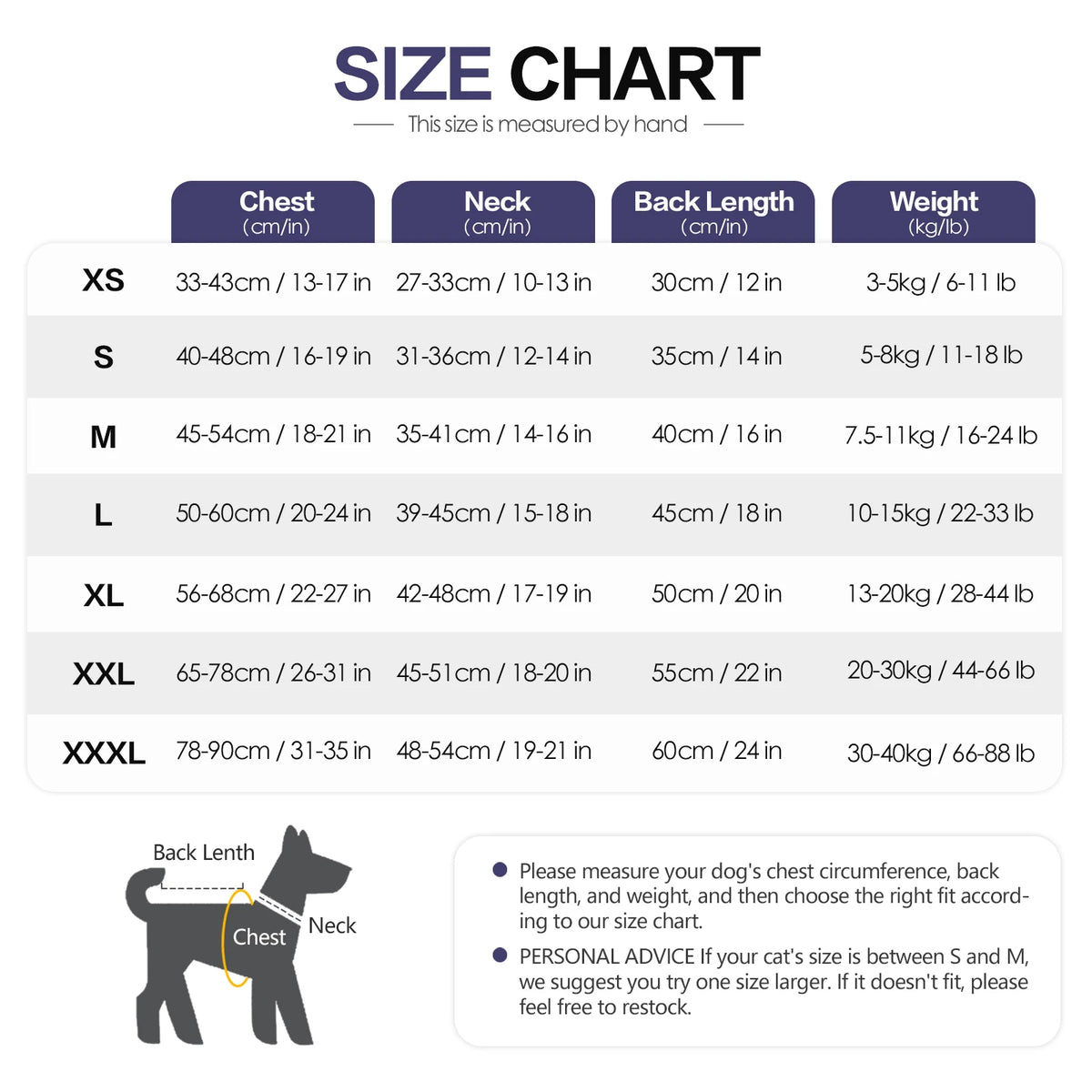 Tableau des tailles pour un gilet anti-anxiété pour chiens, montrant les mesures pour différentes tailles