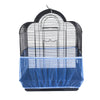 A black mesh bird cage with a dome top and a blue nylon mesh floor.