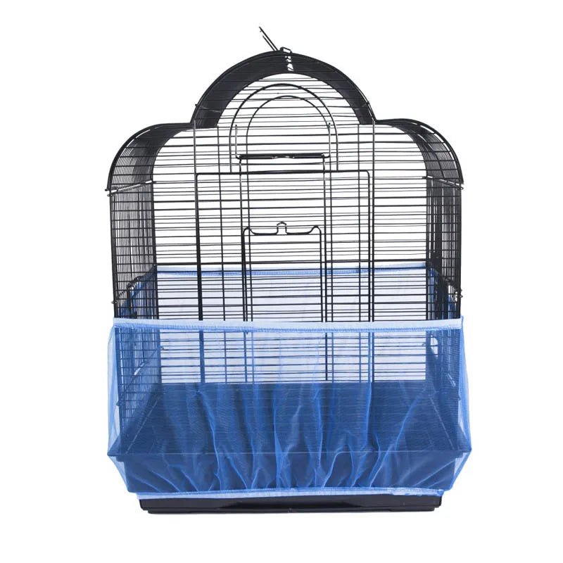 A black mesh bird cage with a dome top and a blue nylon mesh floor.