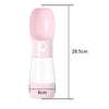 A pink portable 2-in-1 dog water bottle and food dispenser with a white body and pink lid.
