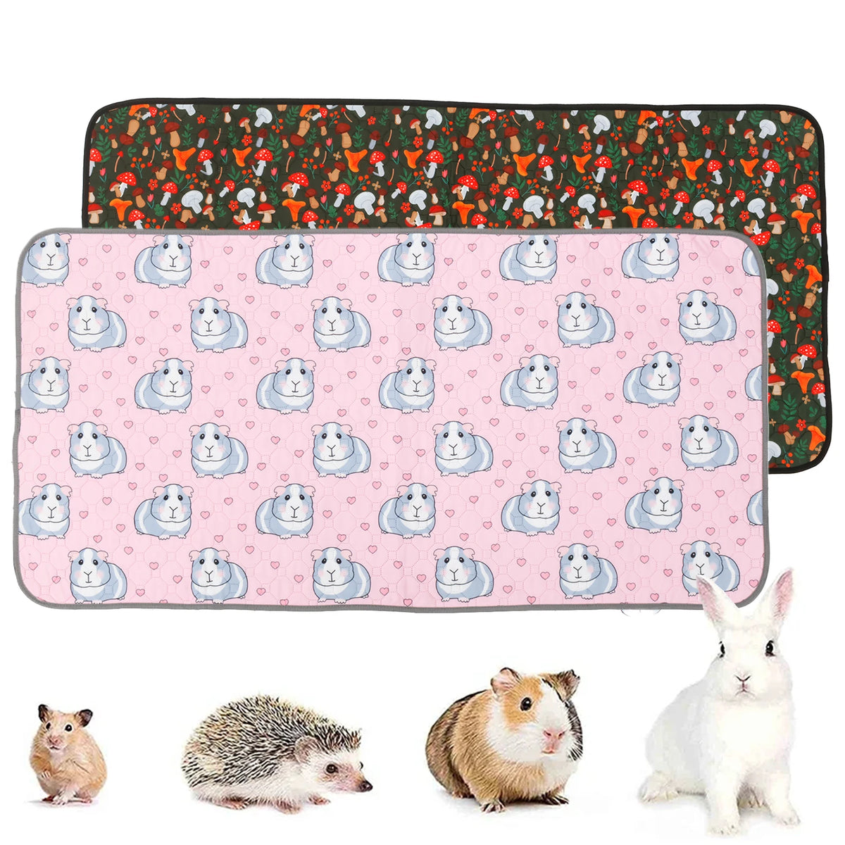A set of reusable absorbent cage liners featuring various small mammals including guinea pigs and a hedgehog.