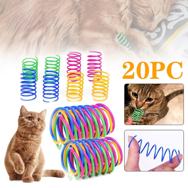 A collection of 20 colorful spiral spring toys for cats and ferrets, including various colors like green, blue, yellow, and p