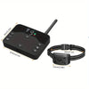 A black portable pet training collar with a battery pack and adjustable strap is shown.