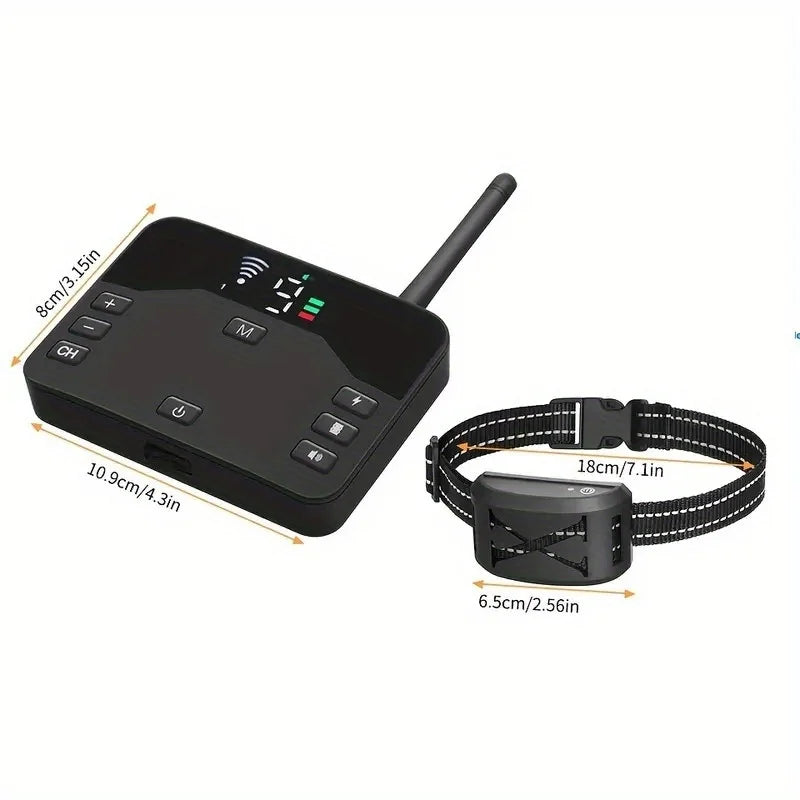 A black portable pet training collar with a battery pack and adjustable strap is shown.