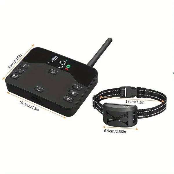 A black portable pet training collar with a battery pack and adjustable strap is shown.