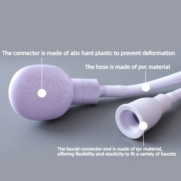 A purple flexible faucet sprayer with a detachable head, showing various components like the connector and hose.