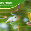 A yellow bird is perched on a colorful, spiraled rope perch inside a wire mesh enclosure.