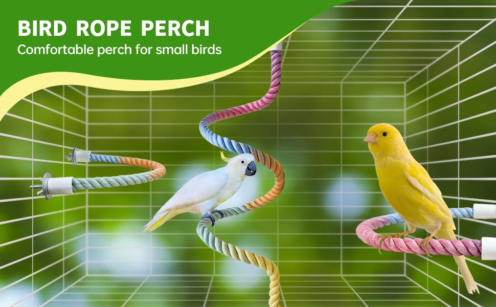 A yellow bird is perched on a colorful, spiraled rope perch inside a wire mesh enclosure.