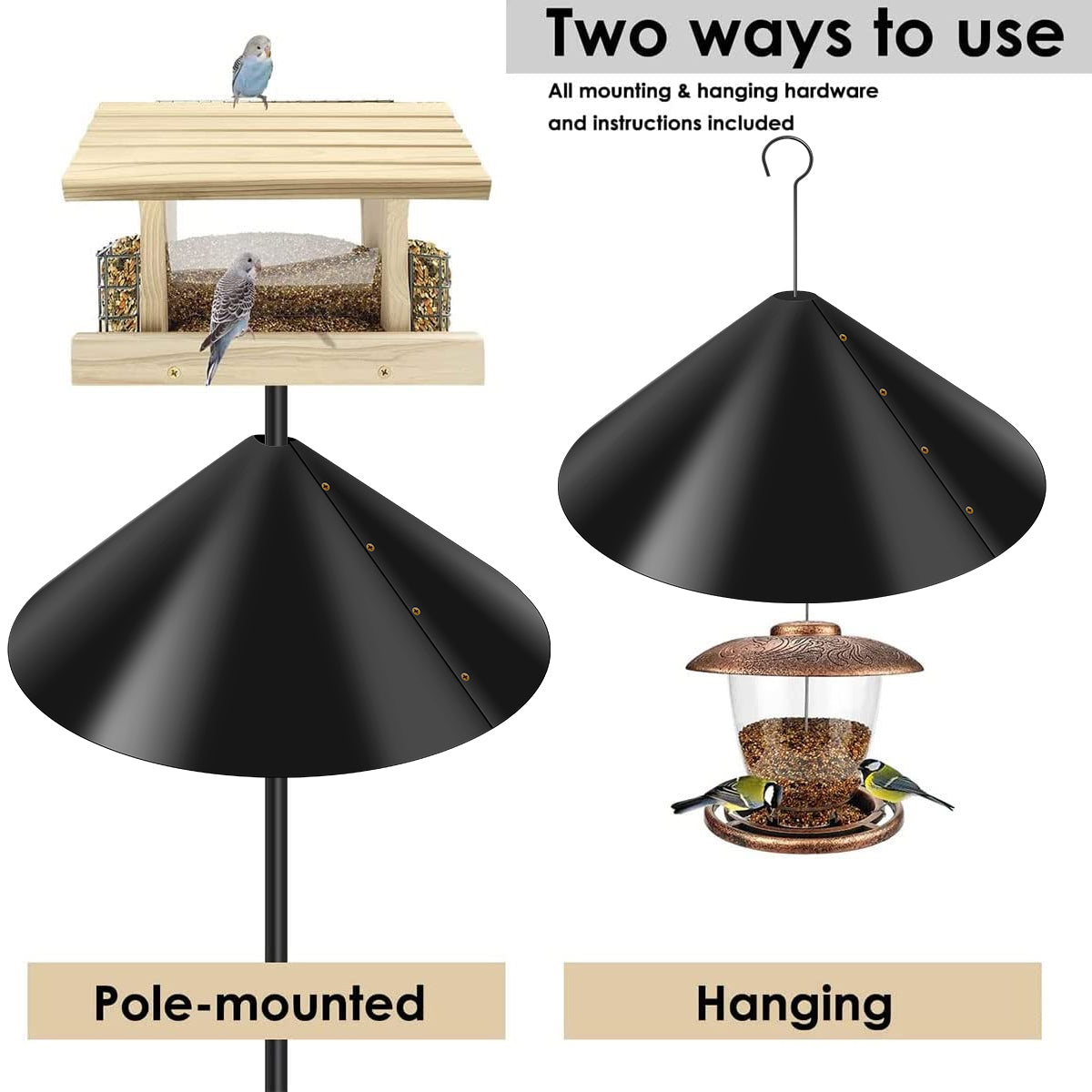 Two ways to use a squirrel proof baffle guard, shown as pole-mounted and hanging.
