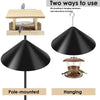 Two ways to use a black baffle guard for squirrels, showing pole-mounted and hanging options.