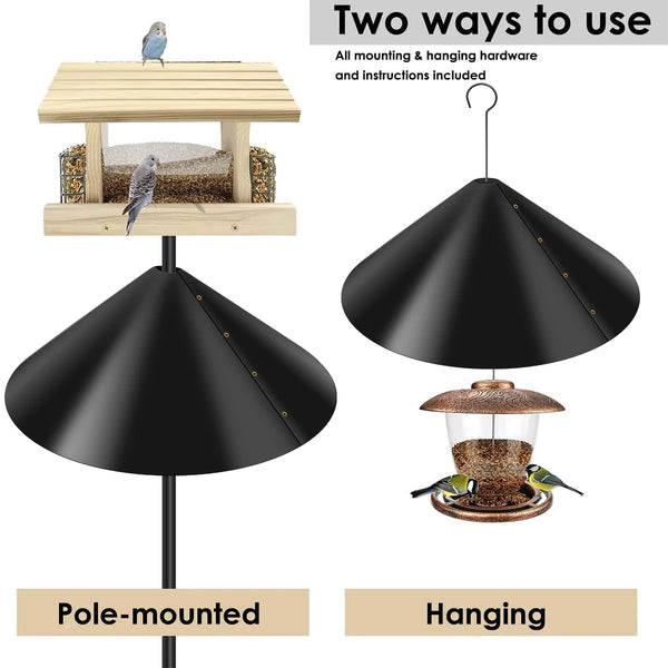 Two ways to use a black baffle guard for squirrels, showing pole-mounted and hanging options.