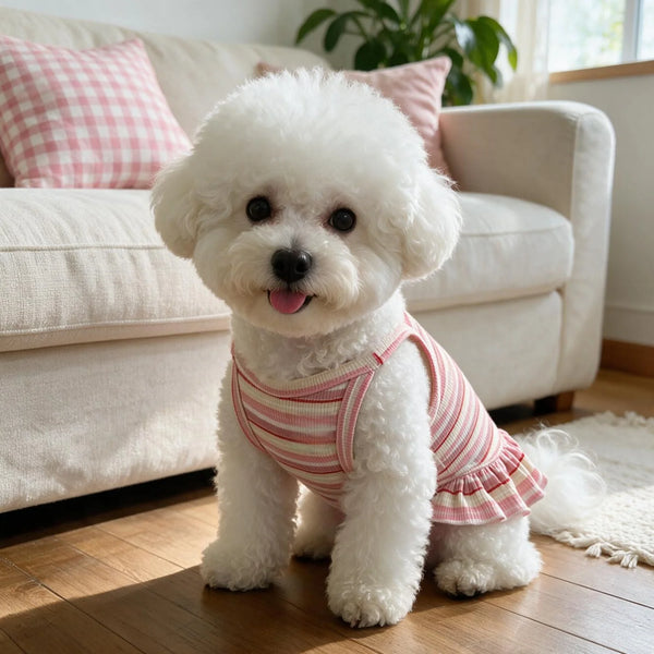 Un chien blanc et duveteux portant une robe de compagnie à rayures roses et blanches, assis sur un plancher en bois.