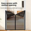 Black foldable metal mesh pet gate with a central opening for easy access.