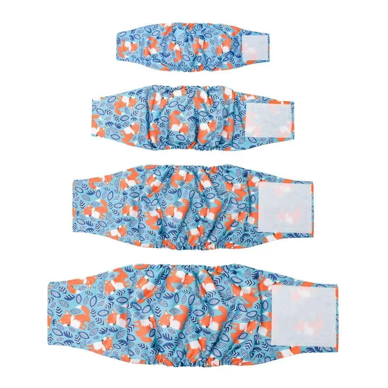 A set of blue and orange patterned washable belly straps for male dogs.
