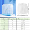 A clear mesh cover for a bird cage, shown next to size chart details.