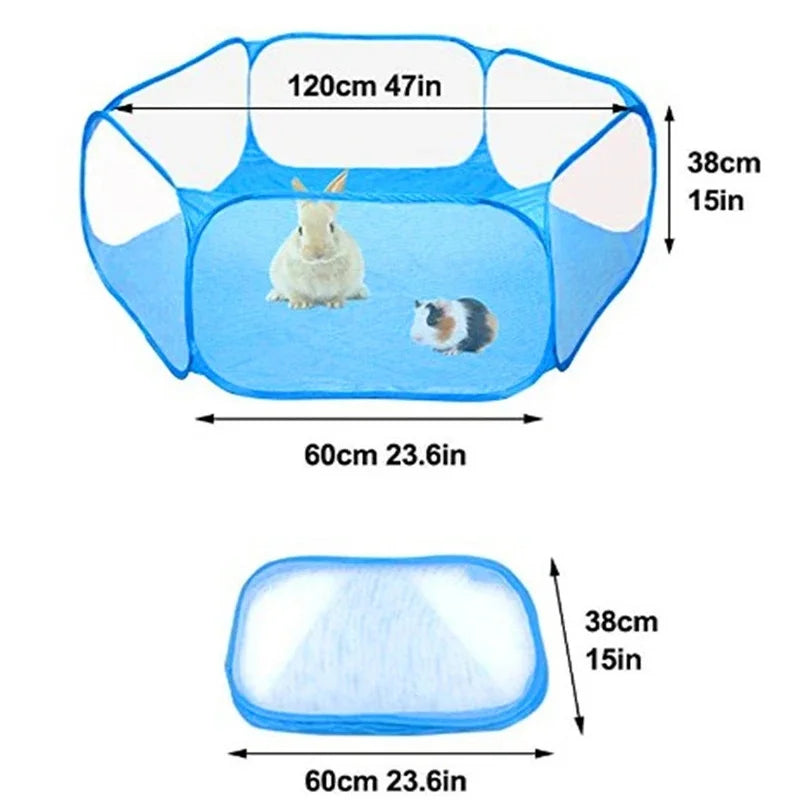 Foldable transparent pet playpen with a blue frame and clear plastic floor for small animals