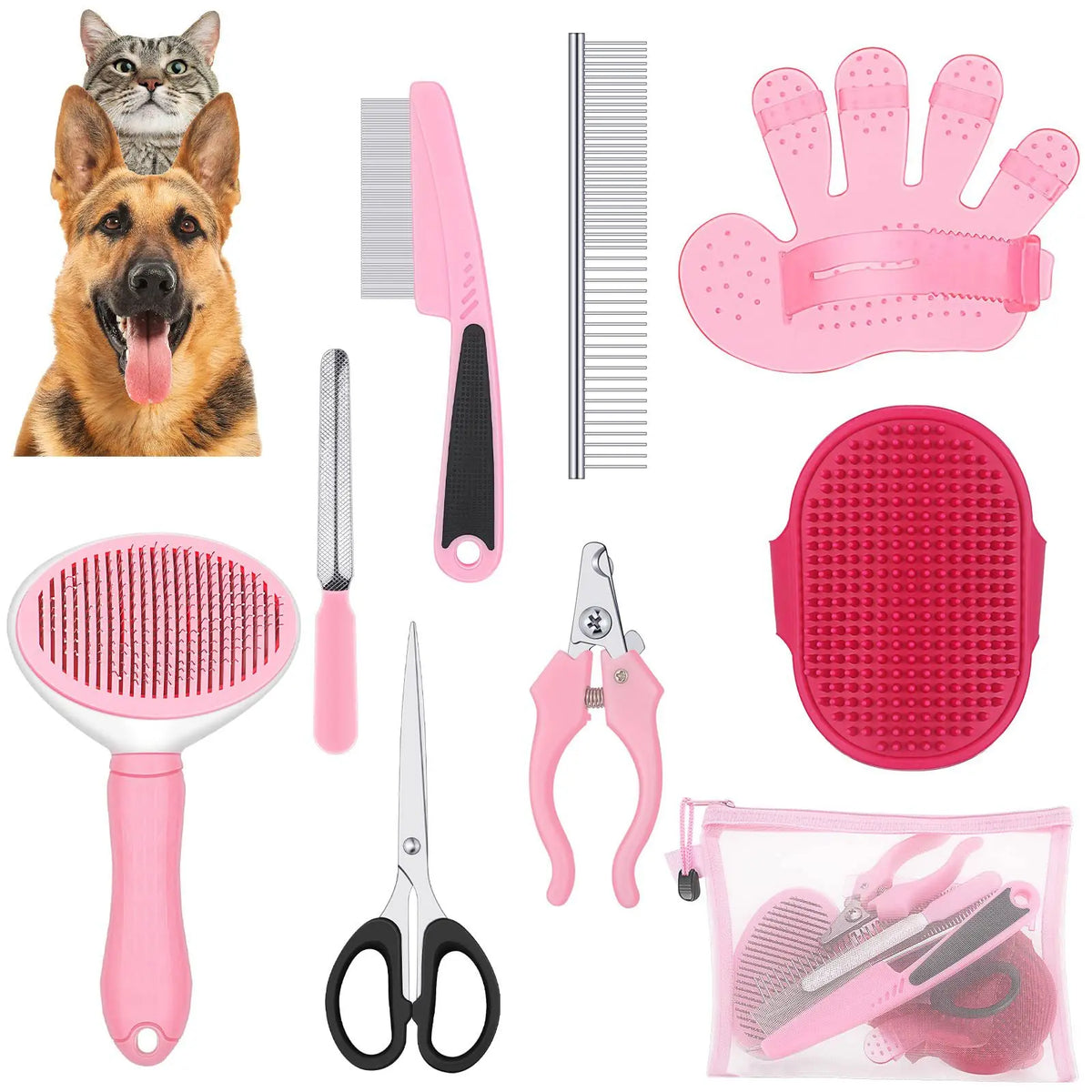 Multitool für Tierpflege mit rosa und silbernen Werkzeugen, einschließlich Bürste, Schere und Nagelscherer.