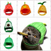 A tabby cat wearing a green fruit-shaped hat, similar to an orange or green fruit, with a tongue sticking out.