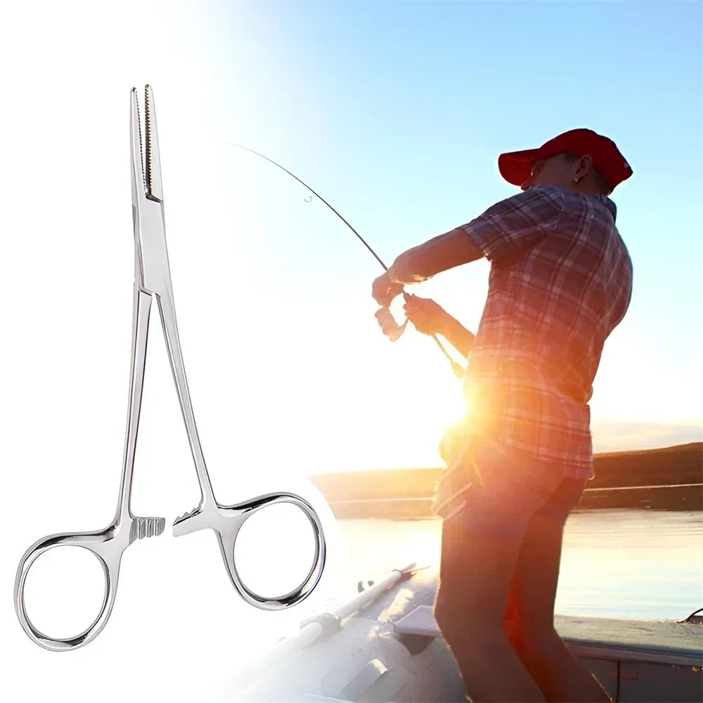 A person in a plaid shirt and red hat is using stainless steel pet ear hair tweezers outdoors near water.