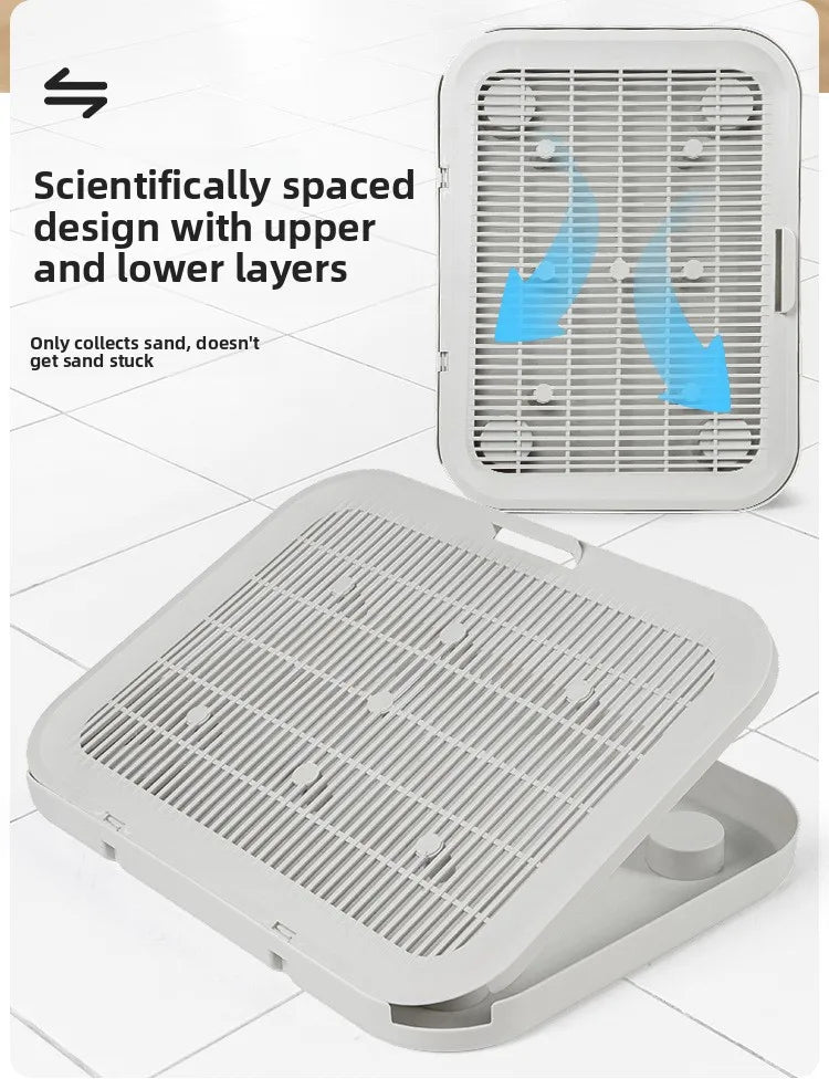 A white dual-layer cat litter mat with a removable anti-slip base shown in two views.