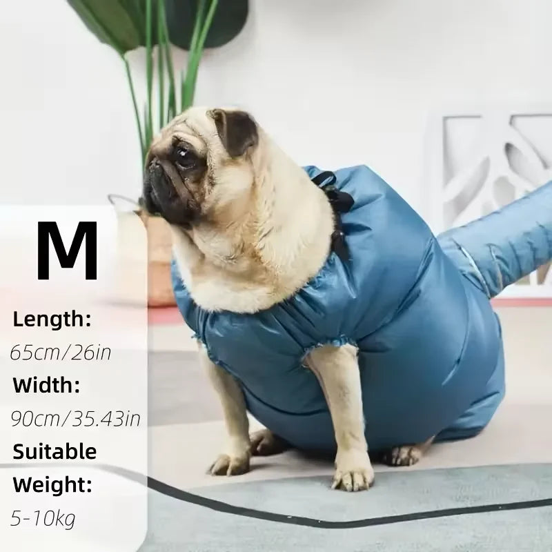 A light blue pet drying bag is shown with a pug dog sitting on a floor.