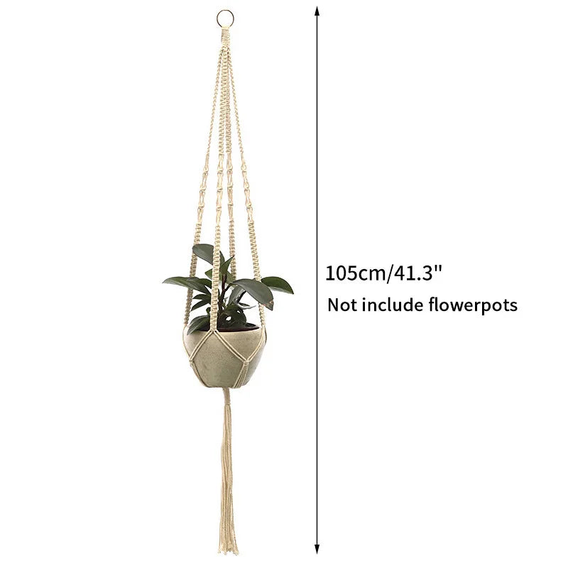 Macrame plant hanger with a potted plant suspended by macrame cord for indoor or outdoor decor