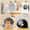 A cozy plush cat tunnel bed is shown with a cat inside and an illustration of its two entryways.