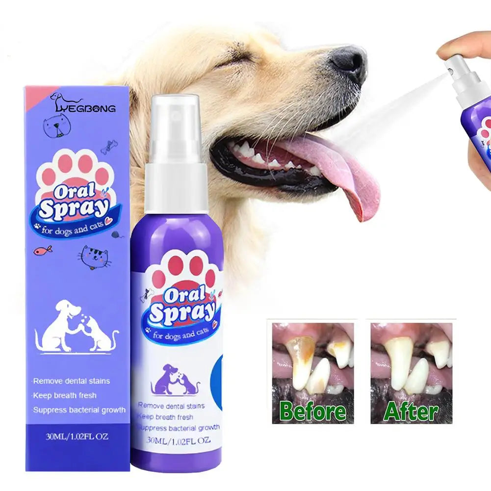 A dog is shown receiving an oral spray from a dispenser bottle for dental care.