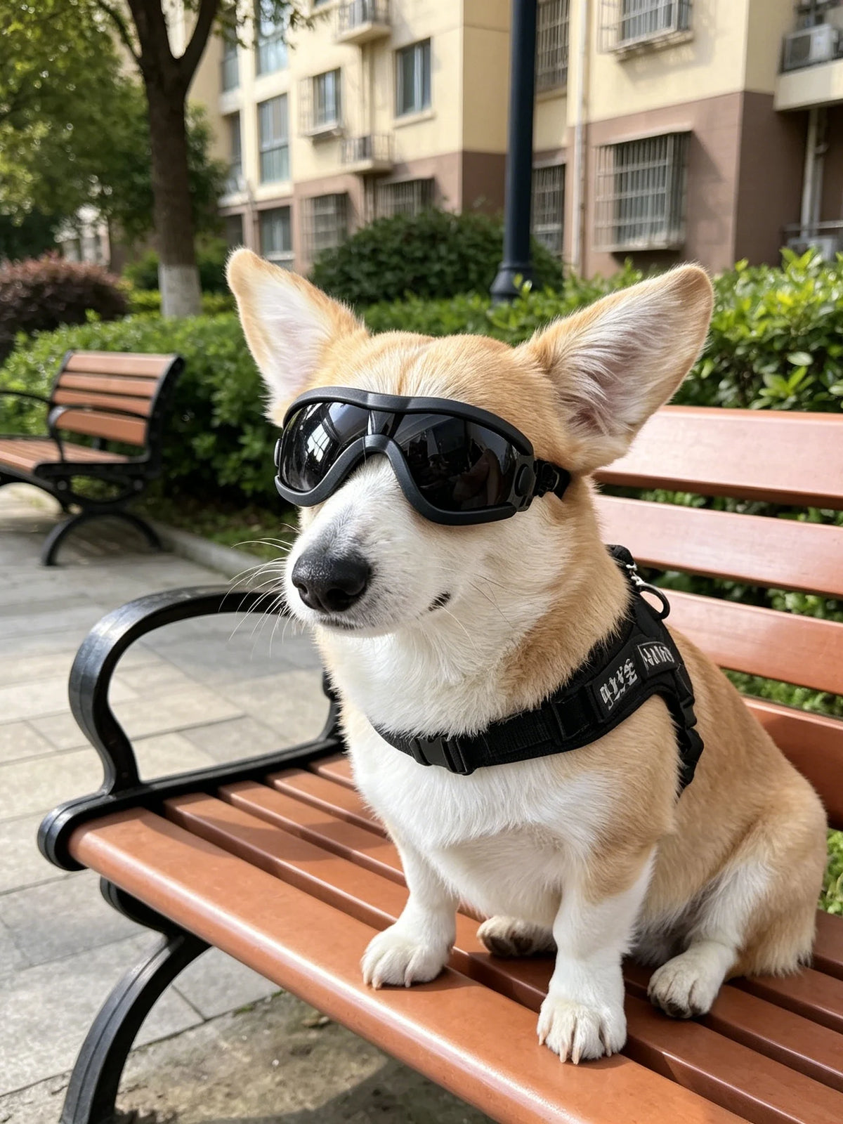 A light brown dog with large ears sits on a wooden bench wearing black UV protection sunglasses.