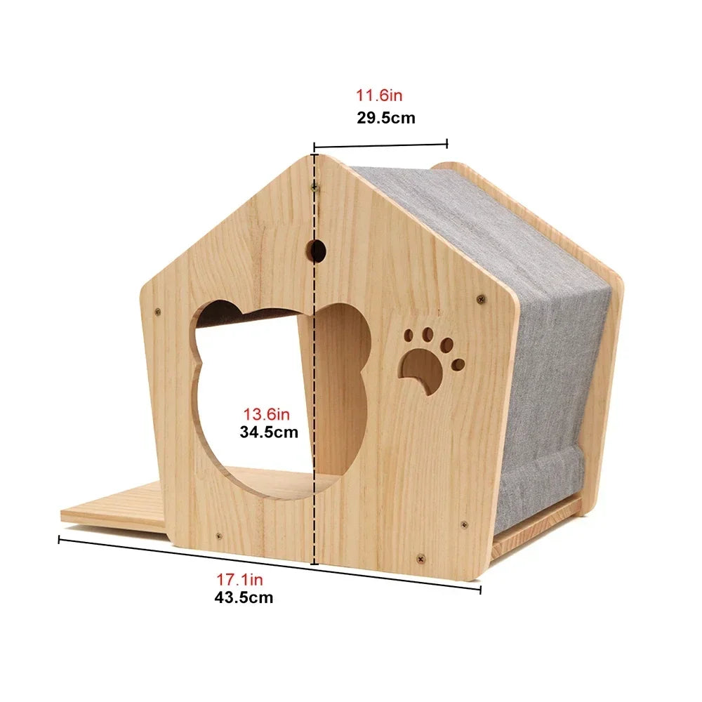 A wooden modular cat wall shelf featuring a bridge and hammock design.