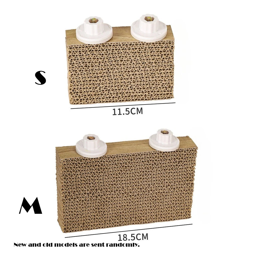 A natural corrugated bird perch stand with white plastic components, shown in two sizes.