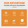 An orange product graphic showing features of a portable ultrasonic dog repeller including high frequency sound, one key swit