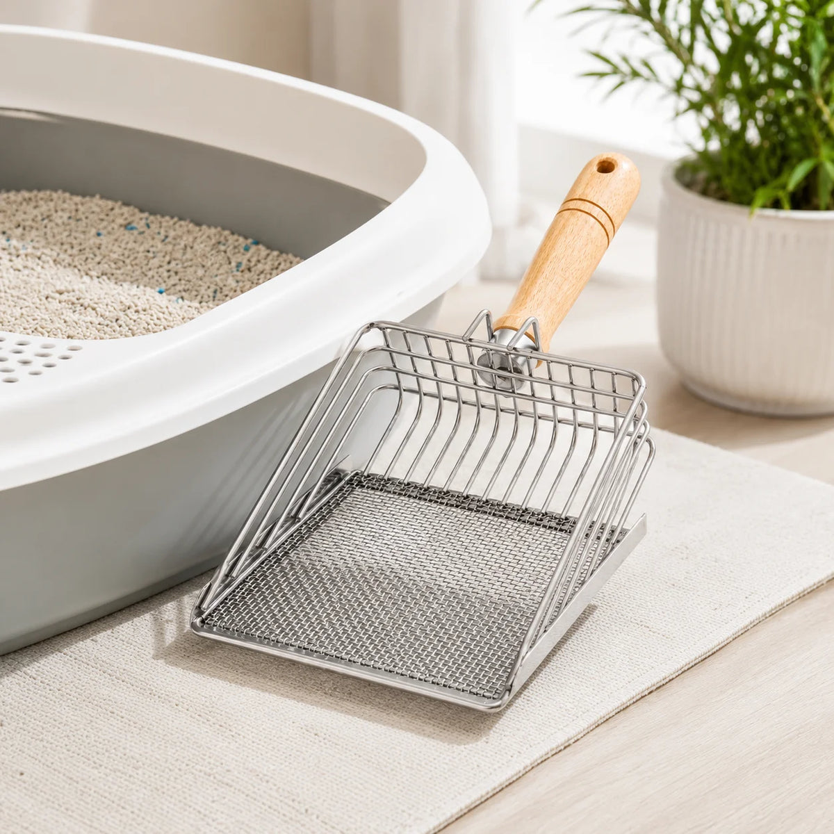 Stainless steel cat litter scoop with a wooden handle and fine mesh sifter resting on a light surface.