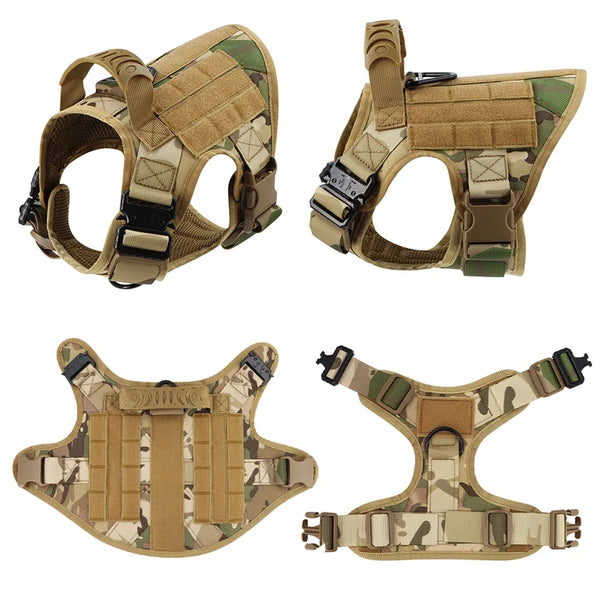 A heavy duty tactical dog harness with a padded vest and molli pouch system shown in multiple views.