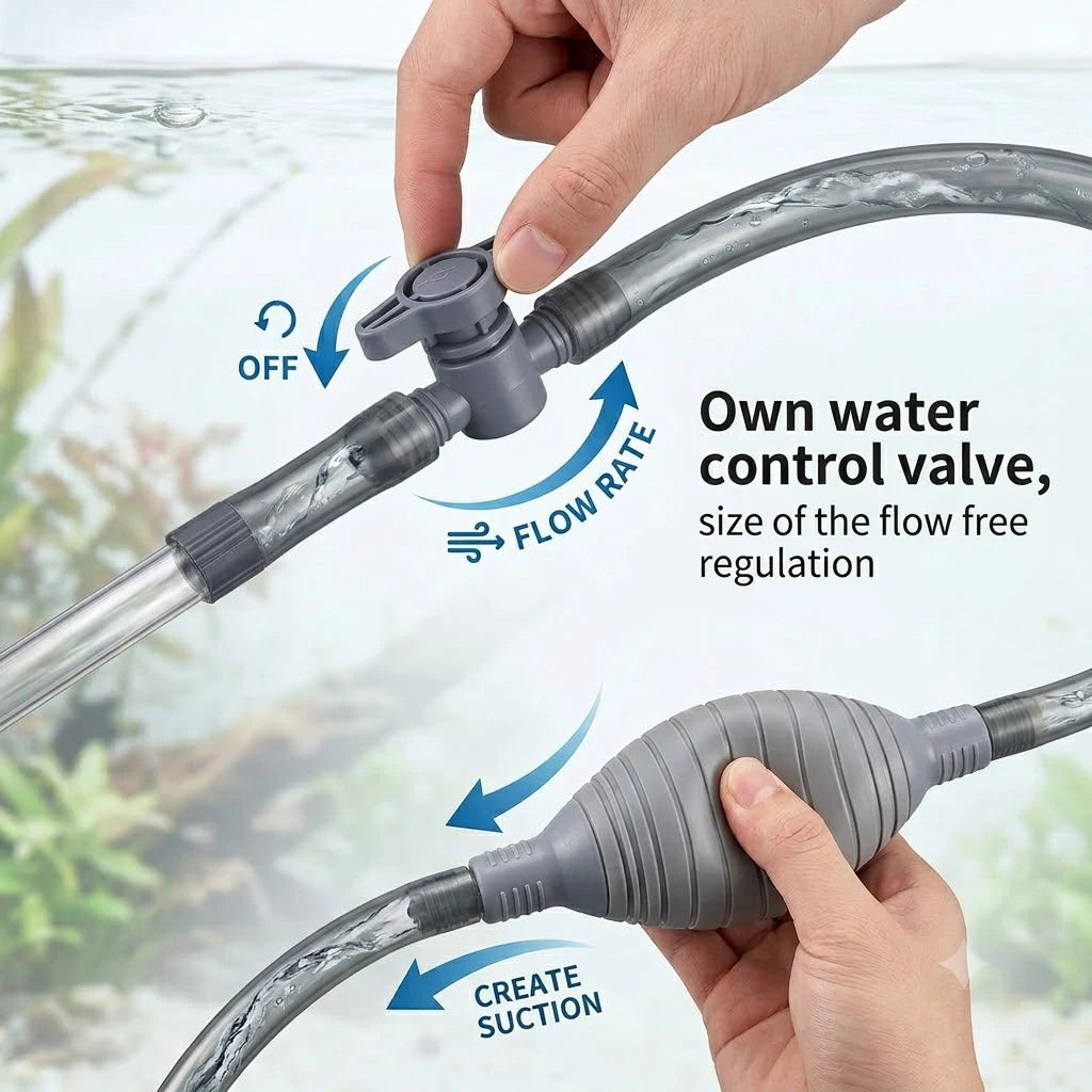 Une main utilise un siphon d'aquarium et un outil de nettoyage de gravier pour réguler le débit et créer une aspiration.