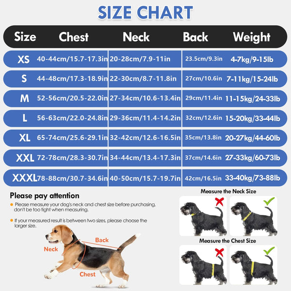Tabla de tallas para un chaleco antiestrés calmante para perros y gatos, mostrando medidas de pecho, cuello, espalda y peso.