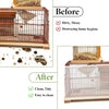 Before and after comparison of a bird cage showing the difference between dirty mess and clean tidy state