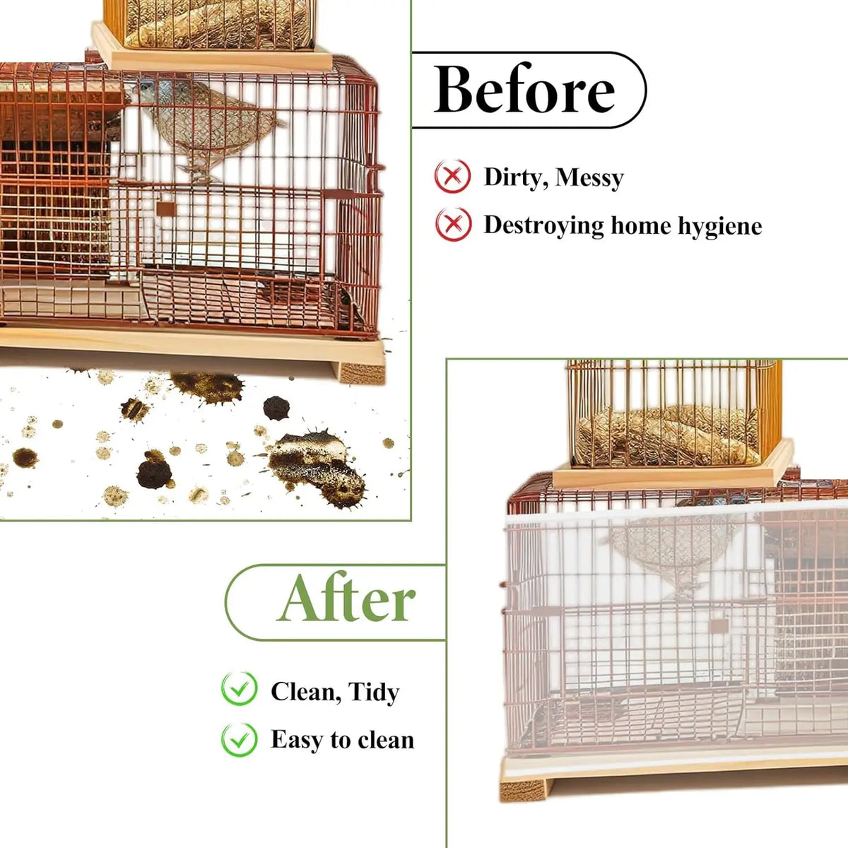 Before and after comparison of a bird cage showing the difference between dirty mess and clean tidy state