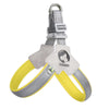 A gray and yellow adjustable reflective mesh dog harness vest.