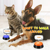 A black dog and a tabby cat are shown with recordable talking buttons for dog training.